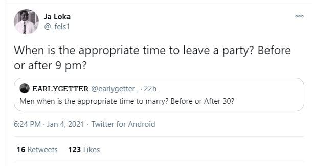 Ja loka _fels1 when is the appropriate time to leave a party? before or after 9