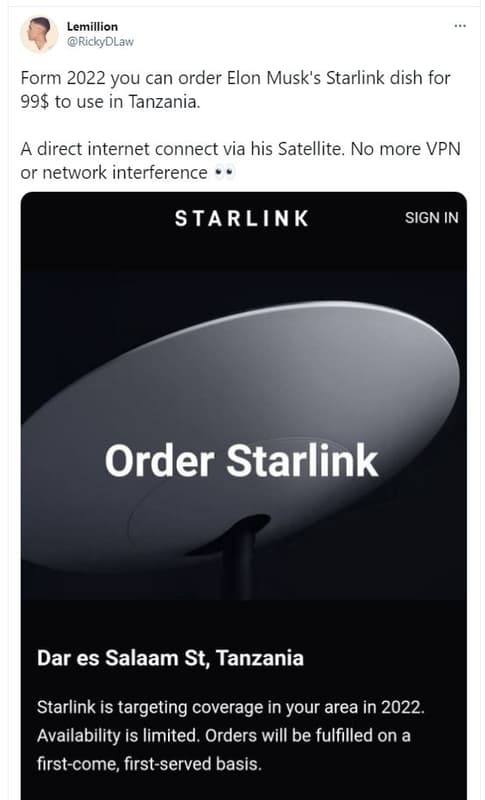 Lemillion rickydlaw form you can order elon musk's starlink dish for 998 to use