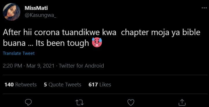 Missmati kasungwa after hii corona tuandikwe kwa chapter moja ya bible buana its