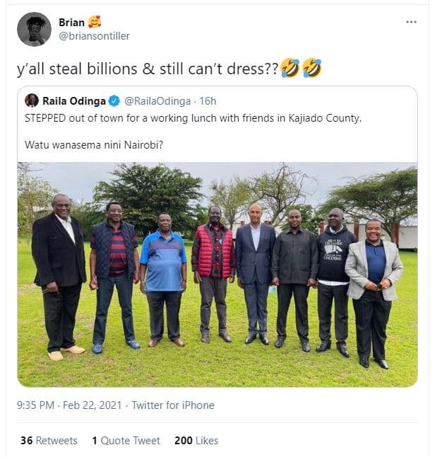 Brian briansontiller yall steal billions still can't dress?? 3 9 raila odinga ra
