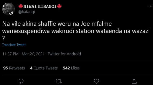 Niwai kibangi kafangi na vile akina shaffie weru na joe mfalme wamesuspendiwa wa