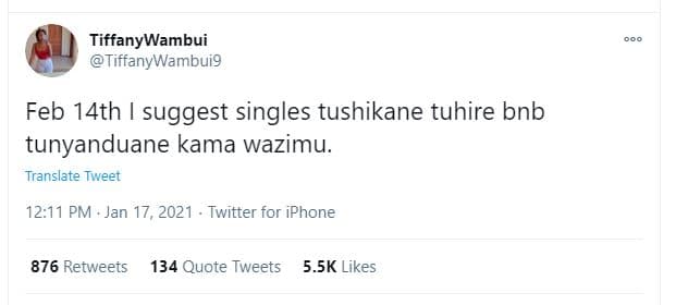 Tiffanywambui tiffanywambuig feb 14th suggest singles tushikane tuhire bnb tunya