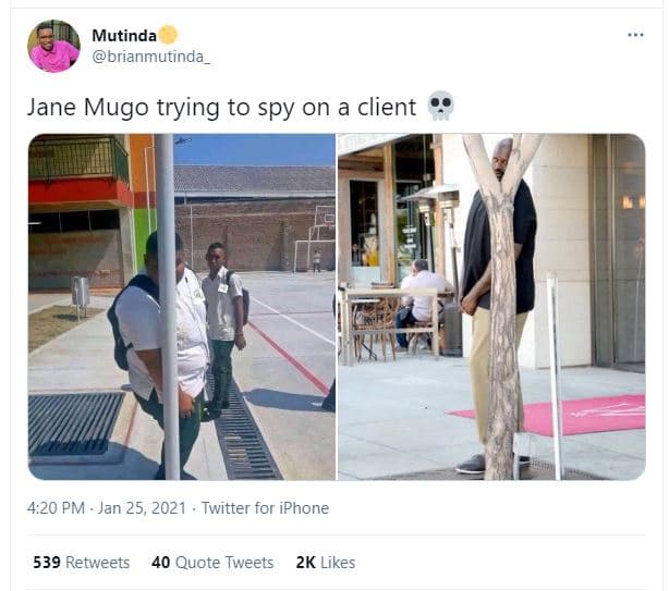 Mutinda brianmutinda jane mugo trying to spy on a client 4.20 pm . jan 25, twitt