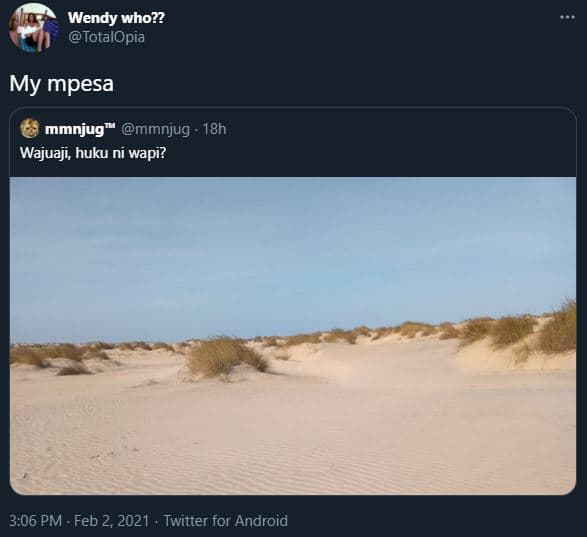 Wendy who? totalopia my mpesa mmnjug mmnjug . 18h wajuaji, huku ni wapi? 3.06 pm