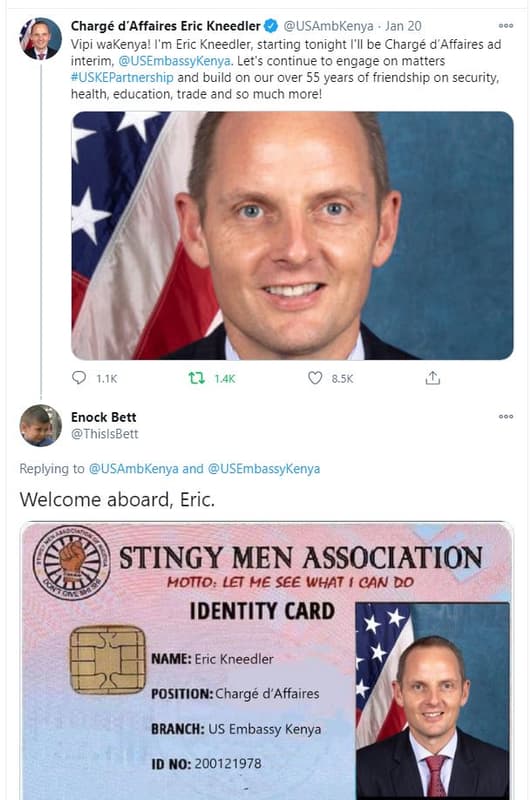 Chargé d'affaires eric kneedler usambkenya jan 20 vipi wakenya! l'm eric kneedle
