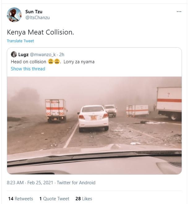 Sun tzu itschanzu kenya meat collision. translate tweet lugz mwanzo_k . 2h head