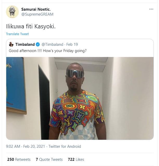 Samurai noetic. supremegream ilikuwa fiti kasyoki. translate tweet timbaland tim
