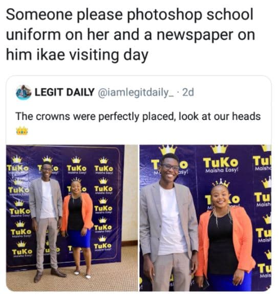 Someone please photoshop school uniform on her and a newspaper on him ikae visit