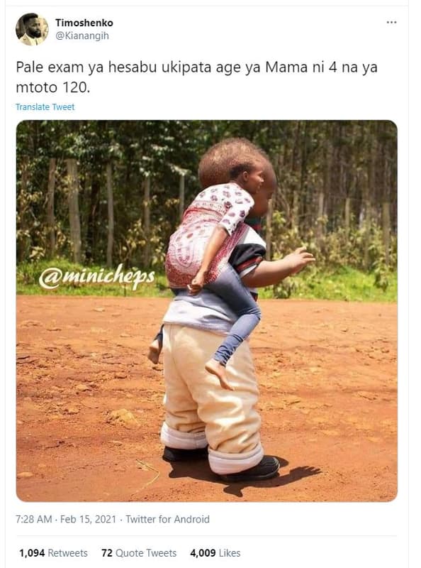 Timoshenko kianangih pale exam ya hesabu ukipata age ya mama ni 4 na ya mtoto 12