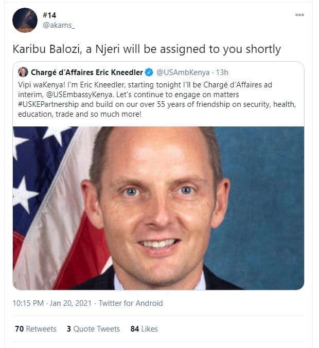 414 akams karibu balozi, njeri will be assigned to you shortly chargé d'affaires