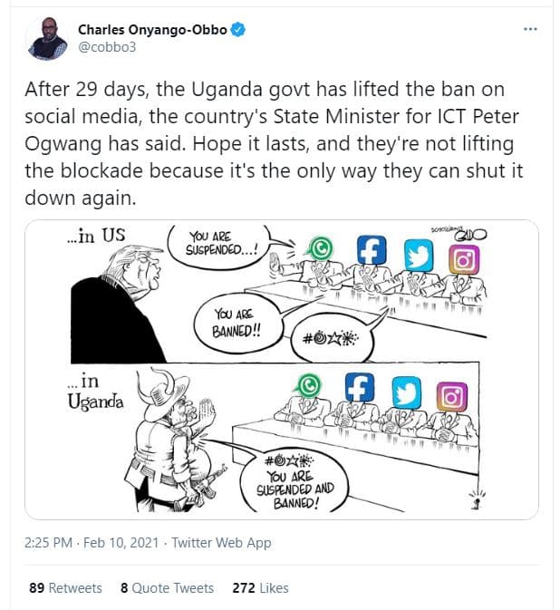 Charles onyangoobbo cobbo3 after 29 days, the uganda govt has lifted the ban on