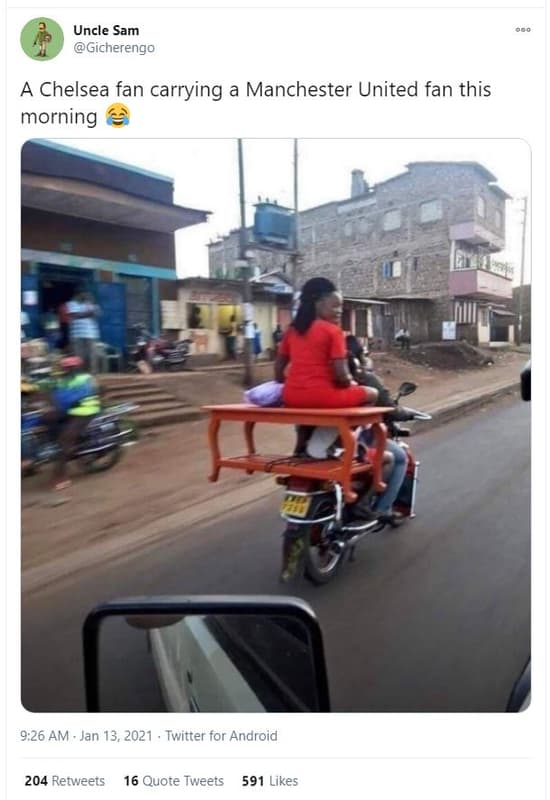 Uncle sam gicherengo a chelsea fan carrying a manchester united fan this morning