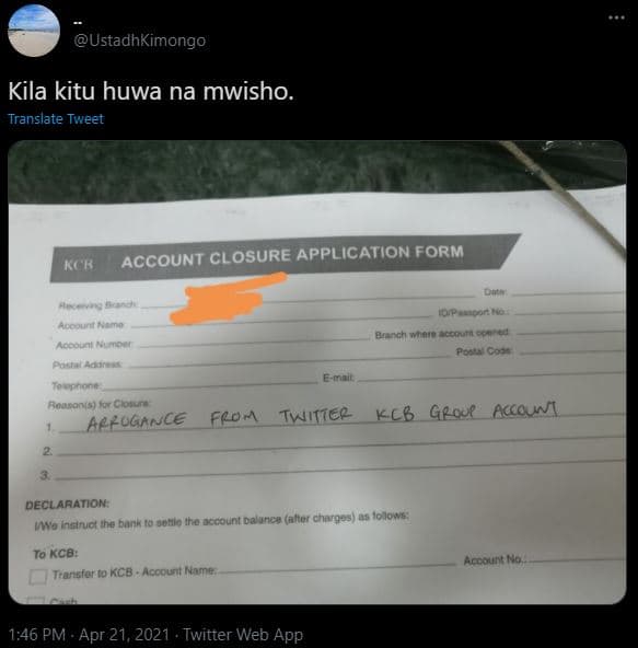 Ustadhkimongo kila kitu huwa na mwisho. translate tweet ka account closure appli