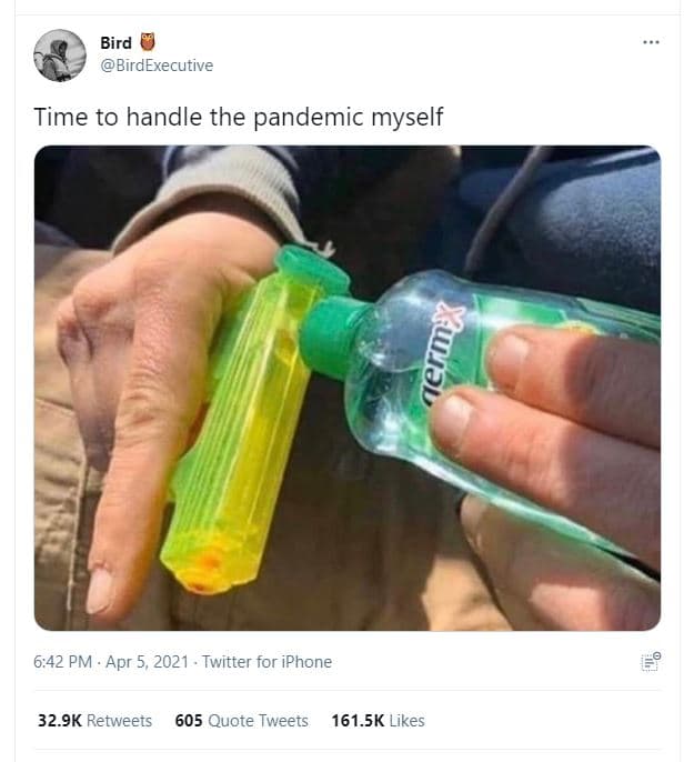 Bird birdexecutive time to handle the pandemic myself 6,42 pm apr 5, twitter for