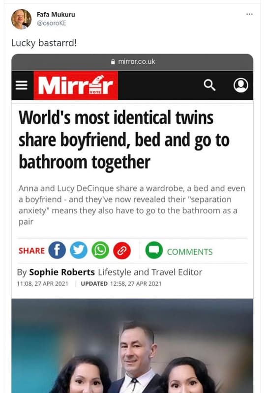 Fafa mukuru osoroke lucky bastarrd! mirror.co.uk mirr r world's most identical t