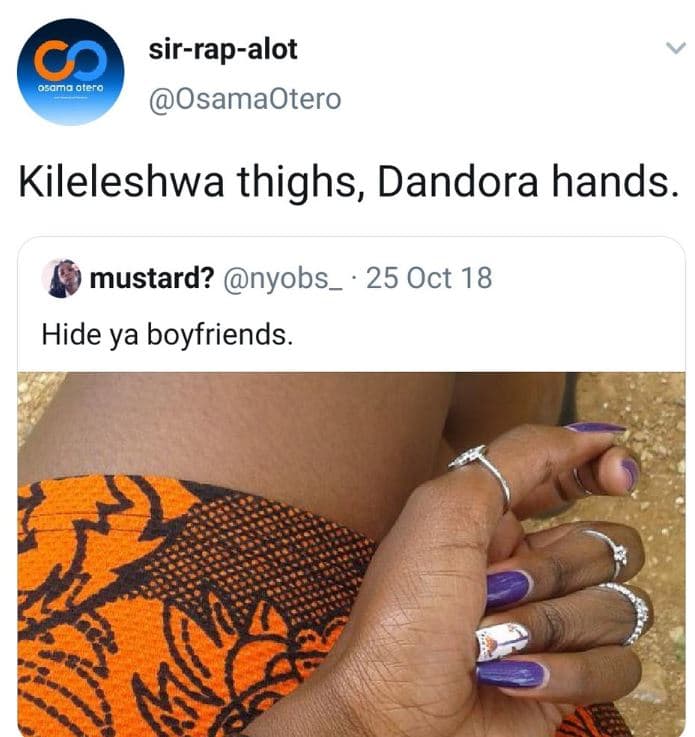 Sirrapalot osamo oiero osamaotero kileleshwa thighs, dandora hands. mustard? nyo