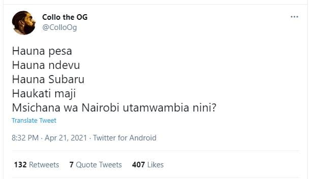 Collo the og colloog hauna pesa hauna ndevu hauna subaru haukati maji msichana w