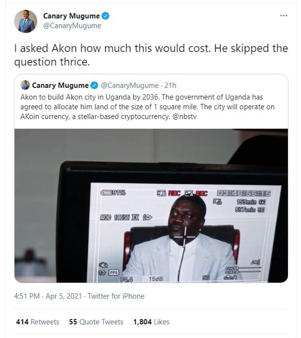 Canary mugume canarymugume asked akon how much this would cost. he skipped the q