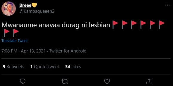 Breee kambaqueeen2 mwanaume anavaa durag ni lesbian translate tweet 7.08 pm . ap