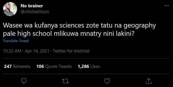 No brainer chichatitooo wasee wa kufanya sciences zote tatu na geography pale hi