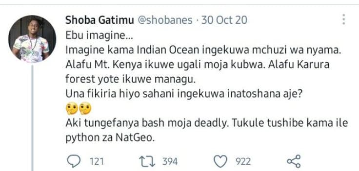 Shoba gatimu shobanes 30 oct 20 ebu imagine. imagine kama indian ocean ingekuwa