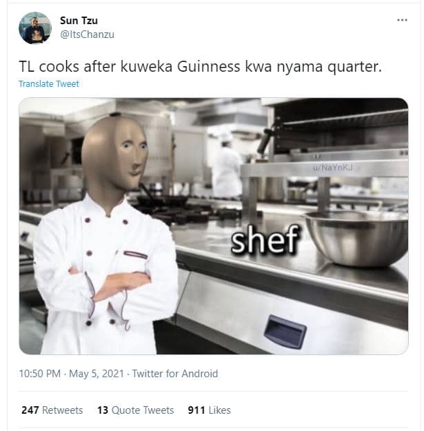 Sun tzu itschanzu tl cooks after kuweka guinness kwa nyama quarter. translate tw