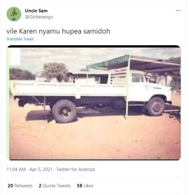 Uncle sam gicherengo vile karen nyamu hupea samidoh translate tweet 11.04 am apr