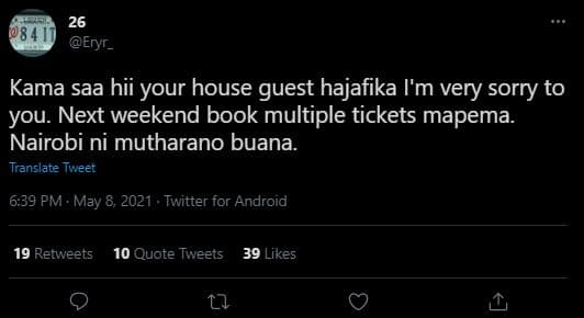 Eryr _ kama saa hii your house guest hajafika i'm very sorry to you next weekend