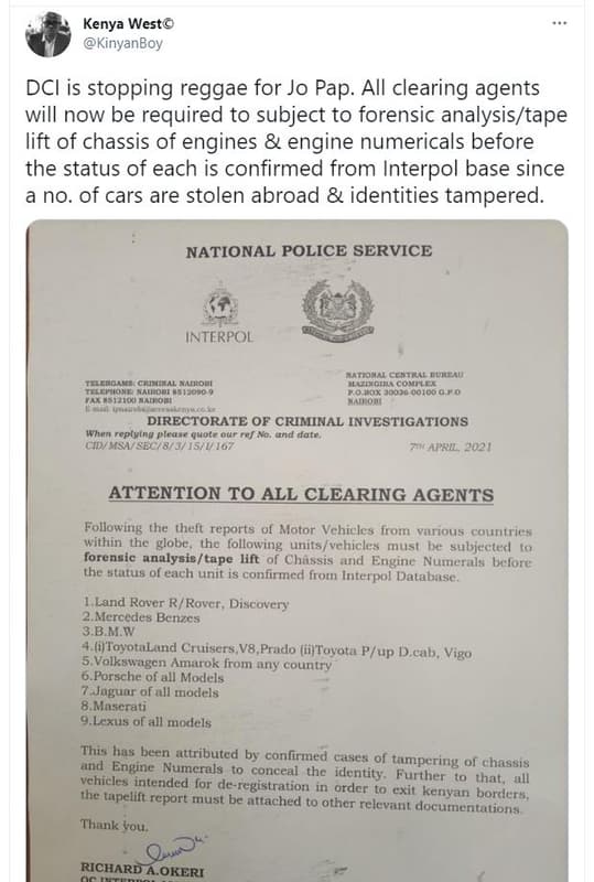 Kenya west kinyanboy dci is stopping reggae for jo pap. all clearing agents will