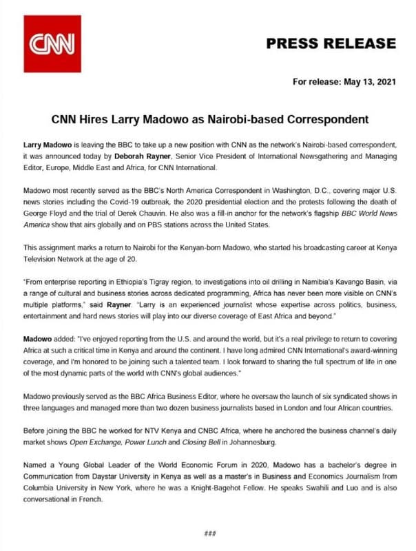 Press release for release may 13 cnn hires larry madowo as nairobibased correspo