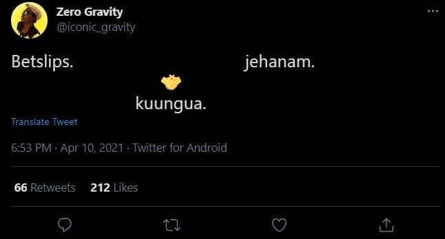 Zero gravity iconic_gravity betslips. jehanam kuungua translate tweet 6.53 pm .