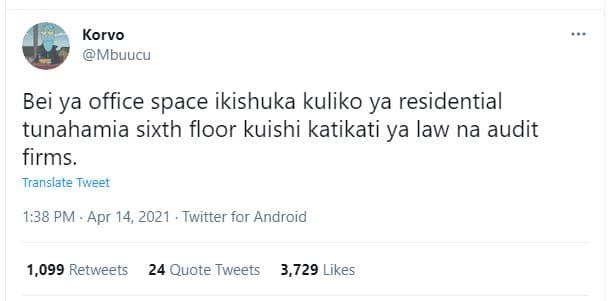 Korvo mbuucu bei ya office space ikishuka kuliko ya residential tunahamia sixth