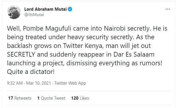 Lord abraham mutai itsmutai well, pombe magufuli came into nairobi secretly. he
