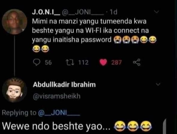 Joni_ joni id mimi na manzi yangu tumeenda kwa beshte yangu na wi fl ika connect