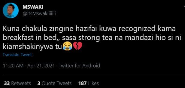 Mswaki itsmswakiiiiiii kuna chakula zingine hazifai kuwa recognized kama breakfa