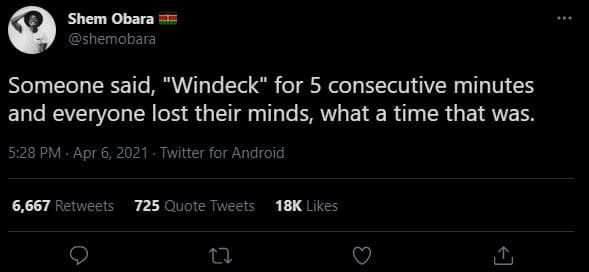 Shem obara shemobara someone said, 'windeck for 5 consecutive minutes and everyo