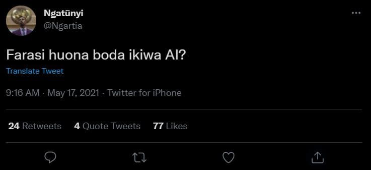 Ngatñnyi ngartia farasi huona boda ikiwa al? translate tweet 916 am may 17, twit