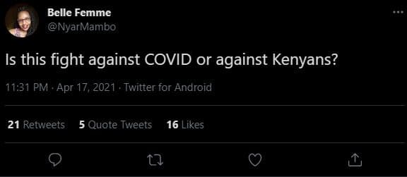 Belle femme nyarmambo is this fight against covid or against kenyans? 11.31 pm .