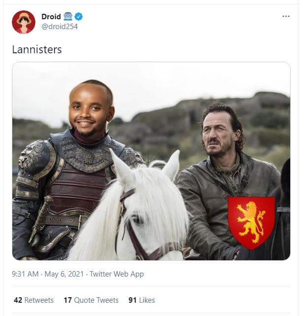Droid droid254 lannisters 9.31 am may 6, twitter web app 42 retweets 17 quote tw