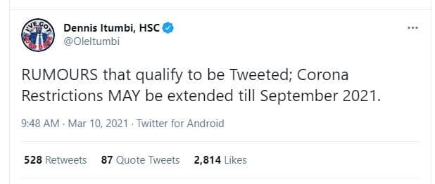 Dennis itumbi, hsc oleltumbi rumours that qualify to be tweeted corona restricti