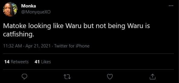 Monka monyquexo matoke looking like waru but not being waru is catfishing. 11.32