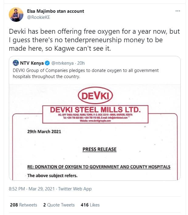 Elsa majimbo stan account rookieke devki has been offering free oxygen for a yea