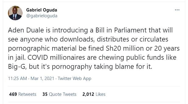 Gabriel oguda gabrieloguda aden duale is introducing a bill in parliament that w