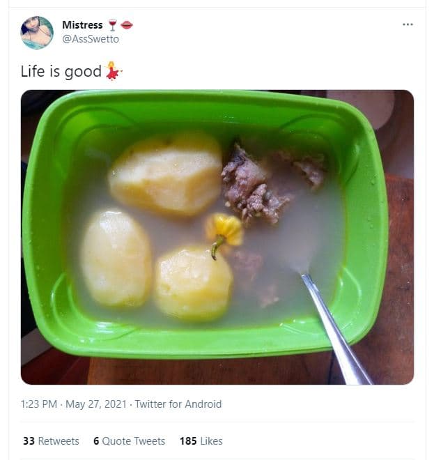 Mistress assswetto life is good 1.23 pm may 27, twitter for android 33 retweets