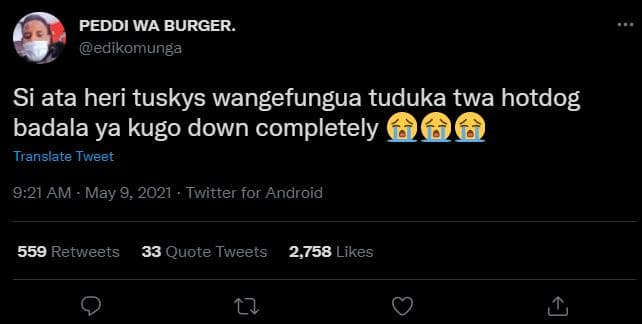 Peddi wa burger. edikomunga si ata heri tuskys wangefungua tuduka twa hotdog bad