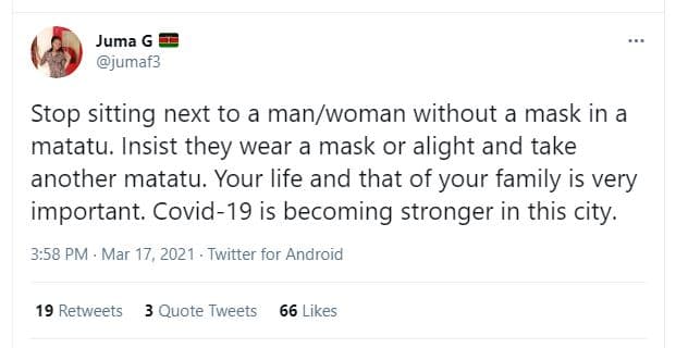 Juma g jumaf3 stop sitting next to a manwoman without a mask in a matatu. insist