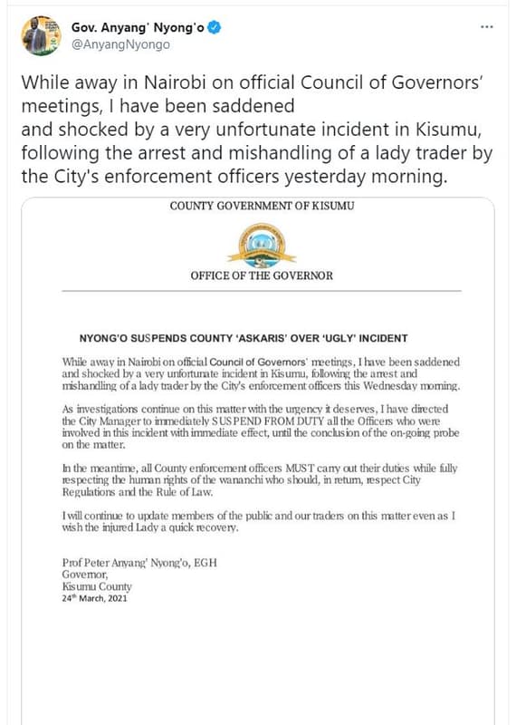 Gov. anyang' nyong anyangnyongo while away in nairobi on official council of gov