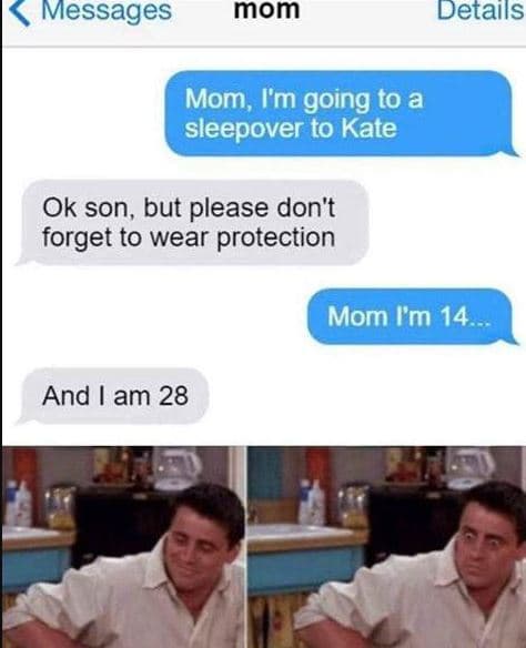 Messages mom details mom, i'm going to a sleepover to kate ok son but please don