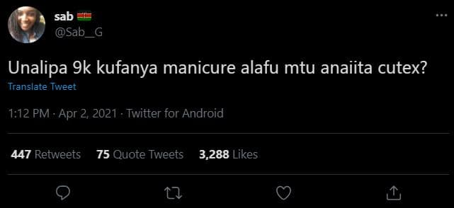 Sab sab unalipa 9k kufanya manicure alafu mtu anaiita cutex? translate tweet 1.1