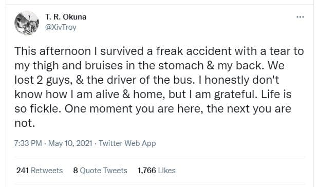 T.r. okuna xivtroy this afternoon survived a freak accident with a tear to my th